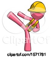 Poster, Art Print Of Pink Construction Worker Contractor Man Ninja Kick Left
