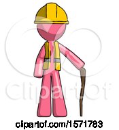 Pink Construction Worker Contractor Man Standing With Hiking Stick