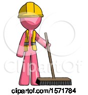 Pink Construction Worker Contractor Man Standing With Industrial Broom