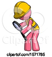 Poster, Art Print Of Pink Construction Worker Contractor Man Inspecting With Large Magnifying Glass Left