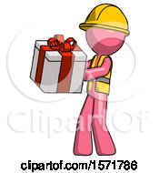 Poster, Art Print Of Pink Construction Worker Contractor Man Presenting A Present With Large Red Bow On It
