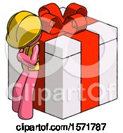Poster, Art Print Of Pink Construction Worker Contractor Man Leaning On Gift With Red Bow Angle View