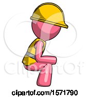 Pink Construction Worker Contractor Man Squatting Facing Right