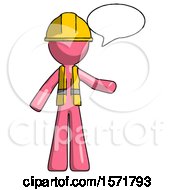 Poster, Art Print Of Pink Construction Worker Contractor Man With Word Bubble Talking Chat Icon