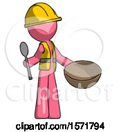 Poster, Art Print Of Pink Construction Worker Contractor Man With Empty Bowl And Spoon Ready To Make Something