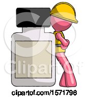 Poster, Art Print Of Pink Construction Worker Contractor Man Leaning Against Large Medicine Bottle