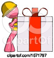 Poster, Art Print Of Pink Construction Worker Contractor Man Gift Concept - Leaning Against Large Present