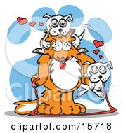 Big Orange Cat With A White Dog On Its Head And Another Dog On Its Arm Clipart Illustration