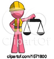 Poster, Art Print Of Pink Construction Worker Contractor Man Holding Scales Of Justice