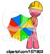 Poster, Art Print Of Pink Construction Worker Contractor Man Holding Rainbow Umbrella Out To Viewer