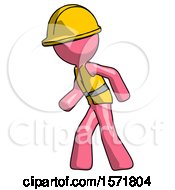 Poster, Art Print Of Pink Construction Worker Contractor Man Suspense Action Pose Facing Left