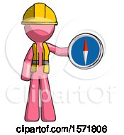 Poster, Art Print Of Pink Construction Worker Contractor Man Holding A Large Compass