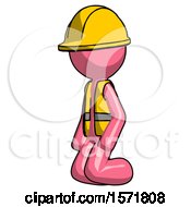Pink Construction Worker Contractor Man Kneeling Angle View Left