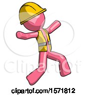 Poster, Art Print Of Pink Construction Worker Contractor Man Running Away In Hysterical Panic Direction Right