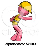 Poster, Art Print Of Pink Construction Worker Contractor Man Sneaking While Reaching For Something