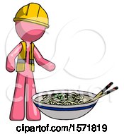 Pink Construction Worker Contractor Man And Noodle Bowl Giant Soup Restaraunt Concept