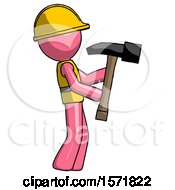 Poster, Art Print Of Pink Construction Worker Contractor Man Hammering Something On The Right