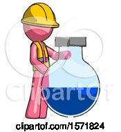 Poster, Art Print Of Pink Construction Worker Contractor Man Standing Beside Large Round Flask Or Beaker