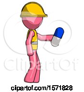 Poster, Art Print Of Pink Construction Worker Contractor Man Holding Blue Pill Walking To Right