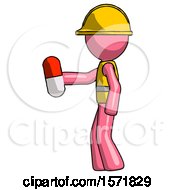 Poster, Art Print Of Pink Construction Worker Contractor Man Holding Red Pill Walking To Left