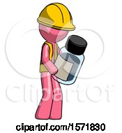 Poster, Art Print Of Pink Construction Worker Contractor Man Holding Glass Medicine Bottle