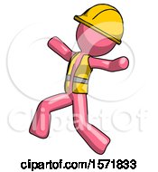 Poster, Art Print Of Pink Construction Worker Contractor Man Running Away In Hysterical Panic Direction Left