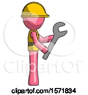Poster, Art Print Of Pink Construction Worker Contractor Man Using Wrench Adjusting Something To Right