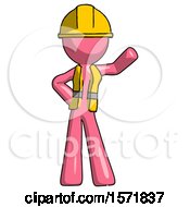 Poster, Art Print Of Pink Construction Worker Contractor Man Waving Left Arm With Hand On Hip