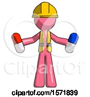 Poster, Art Print Of Pink Construction Worker Contractor Man Holding A Red Pill And Blue Pill