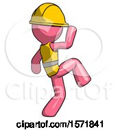 Poster, Art Print Of Pink Construction Worker Contractor Man Kick Pose Start