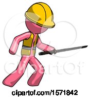 Poster, Art Print Of Pink Construction Worker Contractor Man Stabbing With Ninja Sword Katana