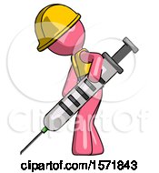 Poster, Art Print Of Pink Construction Worker Contractor Man Using Syringe Giving Injection