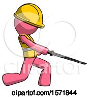 Poster, Art Print Of Pink Construction Worker Contractor Man With Ninja Sword Katana Slicing Or Striking Something