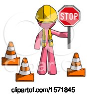 Pink Construction Worker Contractor Man Holding Stop Sign By Traffic Cones Under Construction Concept