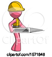 Poster, Art Print Of Pink Construction Worker Contractor Man Walking With Large Thermometer