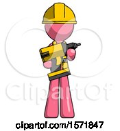 Poster, Art Print Of Pink Construction Worker Contractor Man Holding Large Drill