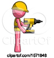 Poster, Art Print Of Pink Construction Worker Contractor Man Using Drill Drilling Something On Right Side