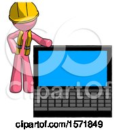 Poster, Art Print Of Pink Construction Worker Contractor Man Beside Large Laptop Computer Leaning Against It