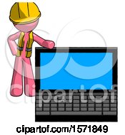 Pink Construction Worker Contractor Man Beside Large Laptop Computer Leaning Against It