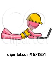 Poster, Art Print Of Pink Construction Worker Contractor Man Using Laptop Computer While Lying On Floor Side View