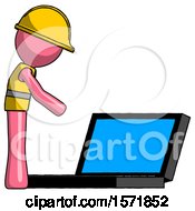 Poster, Art Print Of Pink Construction Worker Contractor Man Using Large Laptop Computer Side Orthographic View