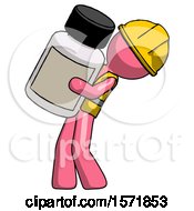Poster, Art Print Of Pink Construction Worker Contractor Man Holding Large White Medicine Bottle