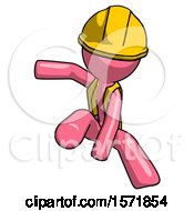 Poster, Art Print Of Pink Construction Worker Contractor Man Action Hero Jump Pose