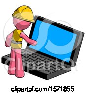 Poster, Art Print Of Pink Construction Worker Contractor Man Using Large Laptop Computer