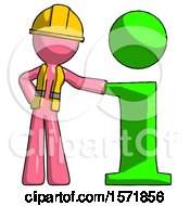 Poster, Art Print Of Pink Construction Worker Contractor Man With Info Symbol Leaning Up Against It