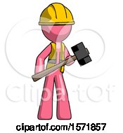 Pink Construction Worker Contractor Man With Sledgehammer Standing Ready To Work Or Defend