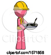 Poster, Art Print Of Pink Construction Worker Contractor Man Holding Noodles Offering To Viewer