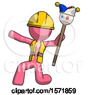 Poster, Art Print Of Pink Construction Worker Contractor Man Holding Jester Staff Posing Charismatically