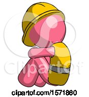 Pink Construction Worker Contractor Man Sitting With Head Down Back View Facing Left