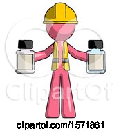 Poster, Art Print Of Pink Construction Worker Contractor Man Holding Two Medicine Bottles